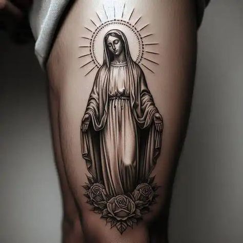 Best 30  virgen mary tattoo Blessed Mother Tattoo, Virgen Mary Tattoo, Thigh Garter Tattoo, Cross With Wings Tattoo, Cute Shoulder Tattoos, Mercy And Grace, Front Shoulder Tattoos, Grace Tattoos, Virgin Mary Tattoo