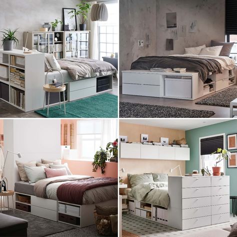 Ikea Bed With Shelves, Ikea Plasta Bed, Ikea Platsa Bed, Platsa Bed Ikea, Unique Bed Ideas, Platsa Bed, Gray Upholstered Headboard, Flat Bedroom, Apartment Necessities