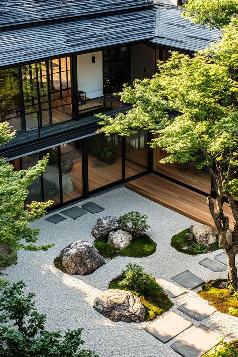 40 Japanese Courtyard Houses That Embrace Full Zen Japanese Zen House, Japanese Courtyard House, Zen House Design, Japanese Courtyard Garden, Japanese Courtyard, House Reference, Courtyard Houses, Modern Japanese House, Sustainable House Design