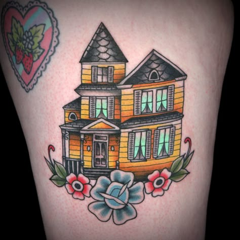 Victorian House Tattoo by Holli Marie American Traditional House Tattoo, Traditional House Tattoo, Victorian Home Tattoo, House Tattoo Traditional, Old House Tattoo, Childhood Home Tattoo, Victorian House Tattoo, Dollhouse Tattoo, England Tattoo