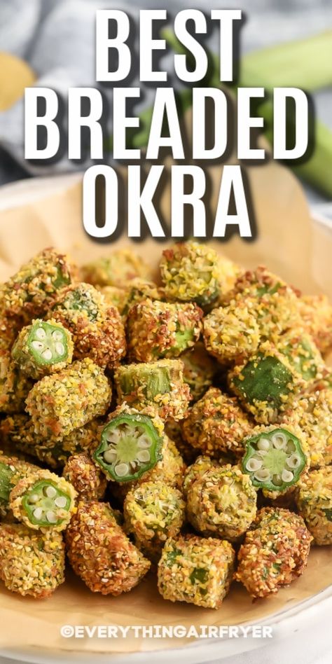 This crispy breaded okra recipe cooks up crunchy and delish in the air fryer. This is the best way to cook okra, hands down. #easyairfryer #breadedokra #airfryerokra #appetizer #recipe #airfryerfrozen #recipes #fresh #frozenbreaded #freshhealthy #crispyfried #cornmeal #airfryer Air Fryer Okra Fresh, Okra In Air Fryer, Air Fried Okra Recipe, Breaded Okra, Okoy Recipe, Air Fryer Okra, Cook Okra, Sunday Snacks, How To Cook Okra