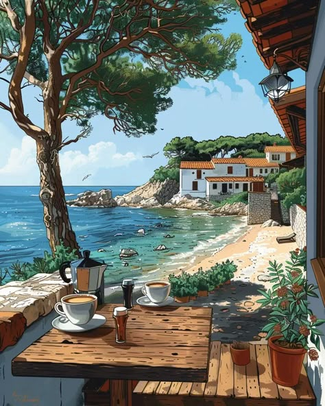 The image is a beautiful view of a coastal village. The blue sea is surrounded by green hills and white houses ->> more details in ai-img-gen.com Two Cups Of Coffee, Environment References, Alice In Wonderland Drawings, Beach Drawing, Coastal Village, Cups Of Coffee, Nice Photos, Green Hills, Seaside Town