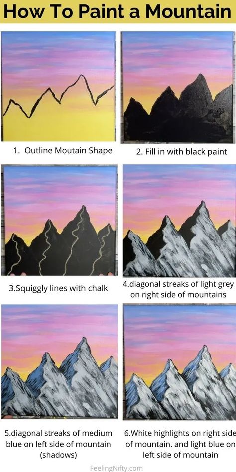 How To Paint a Mountain - Easy & Fun Mountain Scene For Beginners Shading Mountains Painting, Mountains And Trees Painting Easy, Landscape Painting Ideas On Canvas For Beginners, Easy Acrylic Painting Ideas Mountains, Landscape Paintings Mountain Easy, Acrylic Painting Ideas Landscape Mountains, Diy Painting Mountains, Paintings Of Mountains Easy, How To Draw Mountains Acrylic