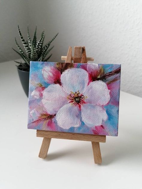 Tela, Mini Canvas Art Flower, Cute Mini Painting Ideas, Painting Mini Canvas, Cherries Painting, Mini Oil Painting, Easel Painting, Cherry Flower, Flower Painting Canvas