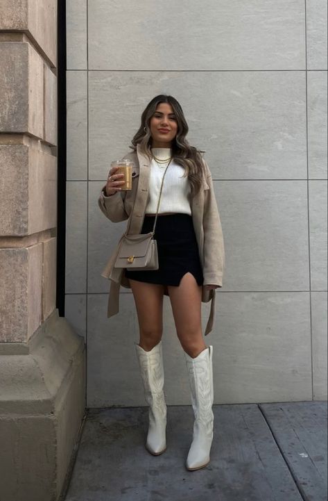 Guadalajara Outfits Winter, Mini Skirt And Calf Boots, Dress With Boots Winter Wedding Guest, Long White Cowgirl Boots Outfit, Cowgirl Boots Christmas Outfit, Western Outfits With White Boots, White Tecovas Outfit, Style White Cowgirl Boots, White Cowboy Boots Winter