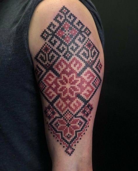 Bulgarian Motives, Stitch Tattoo Design, Traditional Ukrainian Tattoo, Tattoo Design Ideas For Women, Cross Stitch Tattoo, Slavic Tattoo, Ukrainian Tattoo, Tattoo Over Scar, Stitch Tattoo