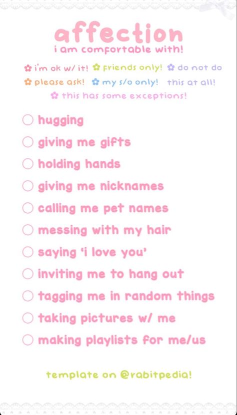 Stuff I Like List, This Sounds Like Your Comfort Character, This Or That Template My Type, Get To Know Me Sheet Aesthetic, Get To Know Me Sheet, Where To Touch Me Template, Nickname Boundaries Template, What Vibes Do I Give Off Chart, Nickname Template