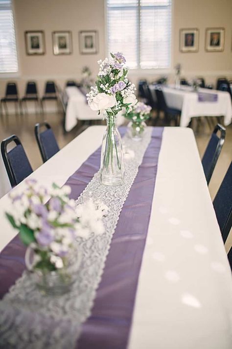 white and purple wedding decor Lavender And Sage Wedding Colors Wedding Ceremony Decor, Light Purple Wedding Decor, Purple Wedding Shower Ideas, Lavender And Grey Wedding Theme, Purple And White Wedding Decor, Lavender Wedding Theme Table Decorations, Lavender Wedding Table Decor, Church Tables, Lavender Wedding Decor