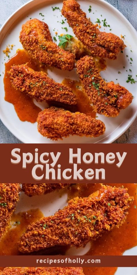 Spicy Honey Chicken Spicy Honey Fried Chicken, Super Spicy Recipes, Spicy Honey Chicken, Honey Fried Chicken, Baked Chicken Strips, Ancho Chili Powder, Chilled Desserts, Crispy Baked Chicken, Ancho Chili