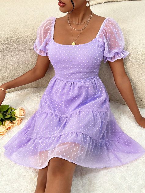 Lilac Purple Casual Collar Short Sleeve Polyester Plain A Line Embellished Non-Stretch Spring/Summer Women Clothing Lilac Summer Dress, Lantern Lighting, Formal Dress Gown, Winter Blazer, Business Casual Minimalist, Dress Professional, Summer 90s, Preppy Prom, Trendy Business Casual