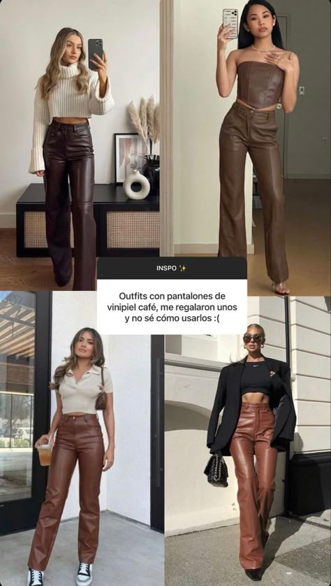 Trendy Leather Pants Outfit, Outfit With Brown Leather Pants, Leather Pants Brown Outfit, Brown Flare Pants Outfit Winter, Wine Leather Pants Outfit, Light Brown Leather Pants Outfit, Leather Brown Pants Outfit, Brown Leather Pants Outfit Fall, Outfits With Brown Leather Pants