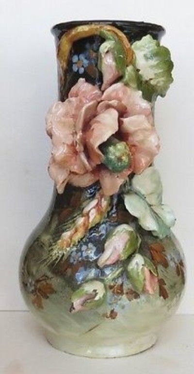 EDOUARD GILLES FRENCH FAIENCE BARBOTINE VASE, APPLIED FLOWERS- #600 (10/12/2014) Vase With Flowers, Curated Decor, Majolica Pottery, Vase Crafts, Painting Glassware, Antique Vase, Sculpture Painting, Porcelain Art, Art Antique