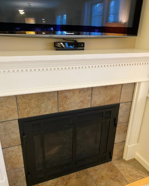 DIY Mantel and Painting the Tiles; Fireplace Makeover Concrete Block Fireplace, Gas Fireplace Makeover, Paint Fireplace Tile, Painted Fireplace Mantels, Tile Around Fireplace, Mantle Makeover, Paint Tiles, Diy Mantel, Fireplace Redo