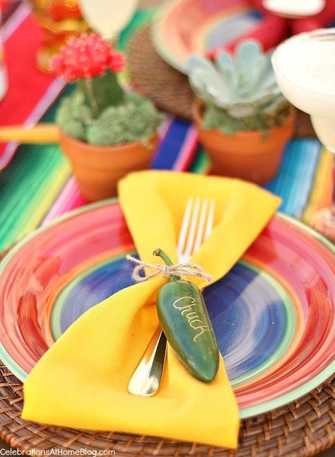 You'll love these tabletop and entertaining ideas for Cinco de Mayo - jalapeno pepper name tag Mexican Napkin Rings, Mexican Dinner Party Tablescape, Fiesta Napkin Rings, Mexican Dinner Party, Cookbook Club, Tequila Tasting, Mexican Night, Southwest Colors, Mexican Party Decorations