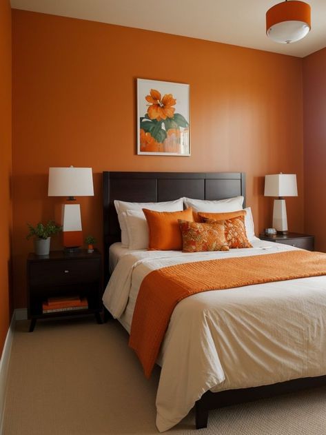 Create a vibrant and trendy bedroom by painting your accent wall in a rich burnt orange shade. Complement the bold wall with greenery and decor to freshen up the space and add a touch of nature. Burnt Orange Bedroom, Orange Accent Walls, Orange Bedroom Decor, Orange Bedroom, Warm Bedroom, Modern Platform Bed, Bedroom Orange, Bedroom Decor Inspiration, Orange Tones