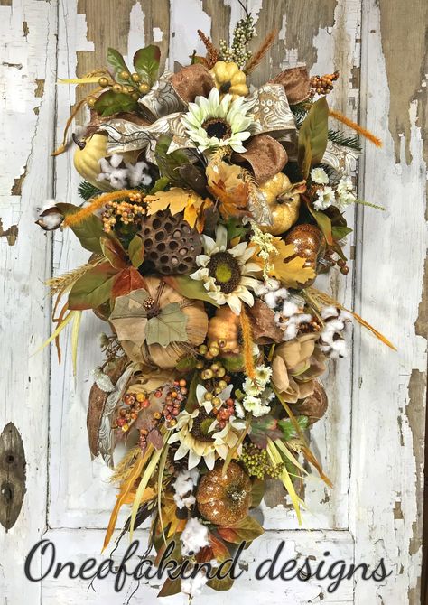 Fall floral swag #fallswag #fallfloralswag Pumpkin Floral Arrangements, Fall Thanksgiving Wreaths, Fall Swags, Colorful Wreath, Fall Neutrals, Floral Swag, Thanksgiving Wreaths, Fall Wreaths, Fall Floral