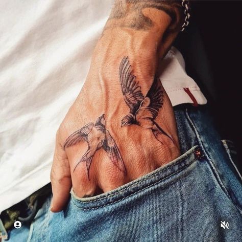 Hand Sparrow Tattoo, Swallow Tattoo Hand Men, Sparrow Hand Tattoo Men, Birds Hand Tattoo, Small Bird Hand Tattoo, Interesting Tattoos For Guys, Realistic Black And Grey Tattoos, Let Them Tattoo Hand, Hand Tattoos Bird