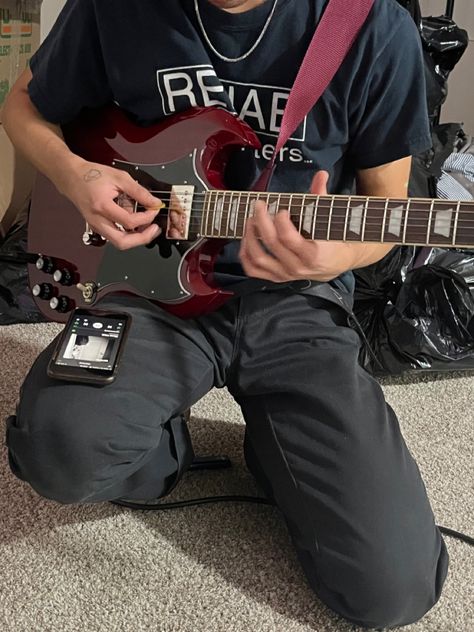 Cool Electric Guitars Aesthetic, Electric Guitar Aesthetic, Electro Guitar, Red Electric Guitar, Guitar Guy, Rockstar Aesthetic, Guitar Pick Necklace, Guitar Obsession, Men Hair Color