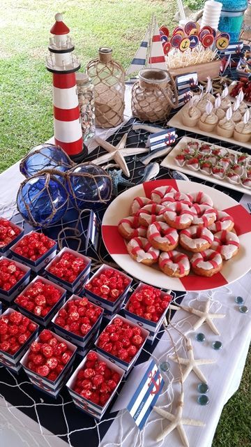 sailor dessert table in navy, white and coral Nautical Baby Shower Boy, Sailor Baby Showers, Sailor Birthday, Sailor Party, Sailor Theme, Sailor Baby, Nautical Birthday Party, Nautical Table, Ahoy Its A Boy