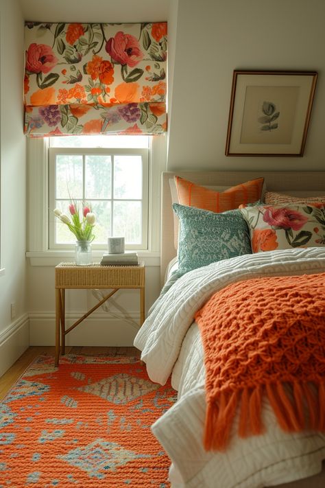 Master the art of smart space utilization with these small bedroom ideas, combining style and practicality in limited areas. Natural Life Bedroom Ideas, Orange House Interior, Colorful Boho Home Decor, Colorful Guest Bedroom, Orange Living Room, Colorful Bedroom Decor, Stylish Bedroom Decor, Stylish Bedroom, Dream House Decor