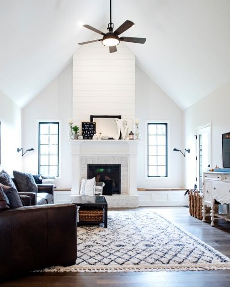 40 Beautiful Modern Shiplap Fireplace Ideas - Nikki's Plate Modern Shiplap Fireplace, Shiplap Fireplace Ideas, Modern Shiplap, Farmhouse Style Living Room Decor, Cathedral Ceiling Living Room, Vaulted Ceiling Living Room, Modern Farmhouse Living Room Decor, Farmhouse Living Room Decor, Farmhouse Living Room Decor Ideas