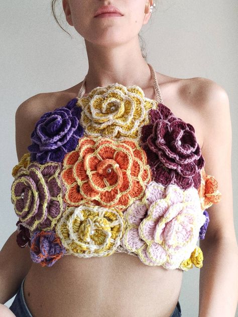 crochet patterns-Free Patterns: Easy Crochet Tops for Every Season-Cozy Crochet Tops: Easy and Cute Clothes Made Of Flowers, Crochet Top 2023, Crochet Flowers On Clothes, Avant Garde Crochet Fashion, Crochet Flower Outfit, Surface Crochet Flower, Abstract Crochet Top, Crochet Flowers Top, Crochet Flower Skirt