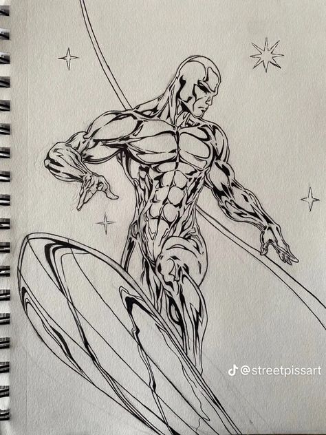 Silver Surfer Drawing, Silver Surfer Sketch, Silver Surfer Tattoo, Surfer Tattoo, Silver Surfer Comic, Marvel Art Drawings, Comic Art Sketch, Marvel Tattoos, Sketchbook Drawings