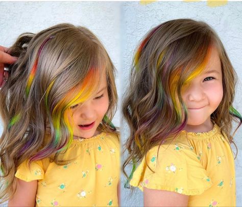 A sweet, age appropriate, rainbow highlight hairstyle for a child Rainbow Peekaboo Highlights, Kids Summer Hair Color, Kid Highlights Hair, Kids Hair Color Ideas, Kids Highlights Hair, Kids Dyed Hair, Kids Hair Dye Ideas, Hailey Hairstyles, Peekaboo Rainbow Hair