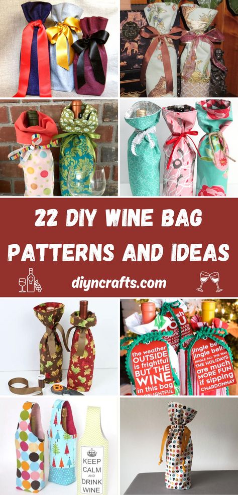 22 DIY Wine Bag Patterns and Ideas Wine Carrier Bag Free Pattern, Wine Bags Ideas Diy Gifts, Wine Bag Diy, Fabric Wine Bottle Bag, Wine Bag Pattern, Fabric Wine Bags, Wine Carrier Bag, Christmas Wine Bags, Tote Bag Pattern Free