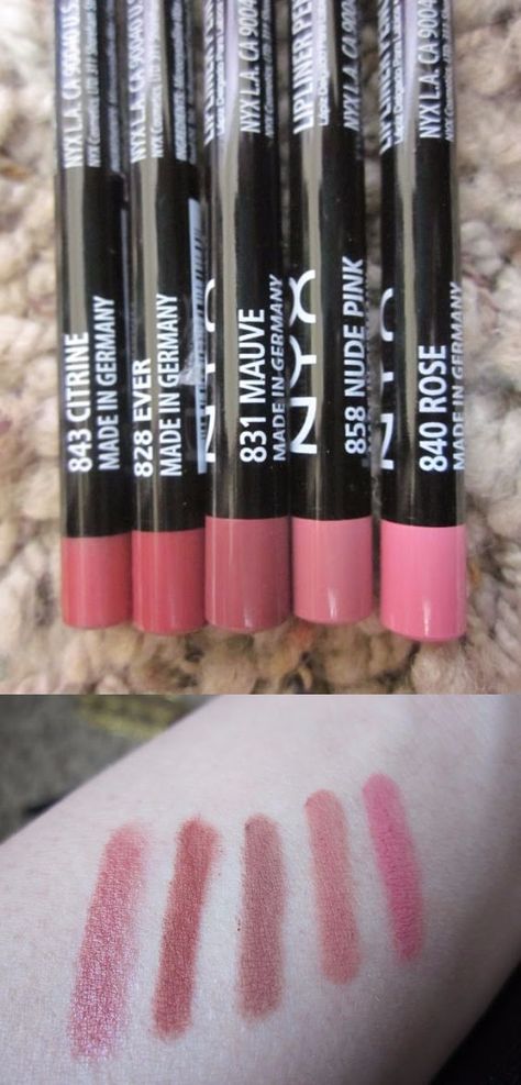 NYX lip pencil swatches Lip Pencil, Salta, Nyx Lip Pencil, Nyx Lip Liner, Lip Pencil Colors, Nyx Lip, Pink Mauve, Makeup To Buy, Makeup Swatches