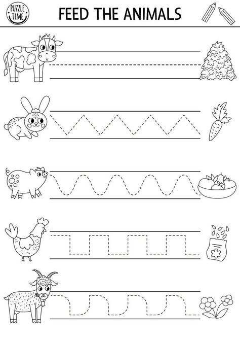 Vector on the farm handwriting practice worksheet. Rural country printable black and white activity for preschool children. Tracing game for writing skills. Feed the farm animals coloring page On The Farm Worksheets Preschool, At The Farm Worksheet, Farm Animals Tracing Worksheets, Animals Tracing Worksheet, Farm Science Activities Kindergarten, Farm Themed Activities For Kindergarten, Farm Animal Coloring Pages Preschool, At The Farm Activities, Farm Tracing Preschool