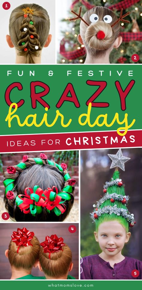 Crazy Hair Day At School For Girls Easy Christmas, Crazy Hair Day At School For Girls Easy Short, Kids Crazy Christmas Hair, Kids Whoville Hair, Hooville Hair Ideas, Fun Christmas Hair For Kids, Christmas Crazy Hair Day Short Hair, Christmas Crazy Hair Day For Boys, Crazy Holiday Hair Christmas