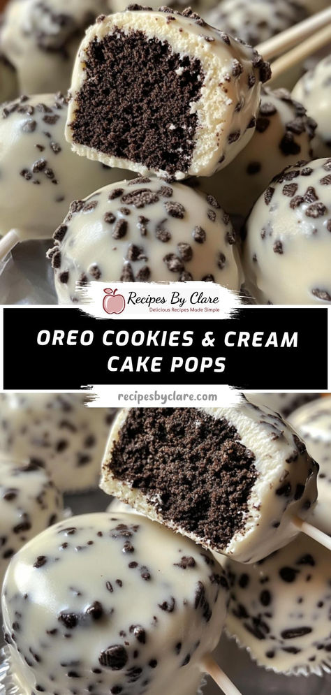 Indulge in these Oreo Cookies & Cream Cake Pops! With a rich chocolate cake base, creamy Oreo frosting, and a smooth white chocolate coating, these cake pops are a fun and delicious treat for any gathering.

Ingredients:

1 box (15.25 oz) chocolate cake mix
½ cup crushed Oreo cookies
1½ cups white chocolate or candy melts
Perfectly coated in white chocolate and garnished with extra Oreo crumbs for a delightful finish! Cookies And Cream Cake Balls, Oreo Cake Balls Recipe, Cookies And Cream Cake Pops, Oreo Cake Pops Recipe, Easy Oreo Cake, Cookie Dough Cake Pops, Cookies Cream Cake, Oreo Cake Balls, Oreo Cake Pops