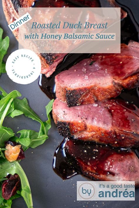 A super easy recipe for oven roast duck breast. First, the skin is baked crispy in the pan, and then the meat is gently cooked in the oven, so you'll get a tender duck breast. The duck breast fillet is served with a sweet and sour honey balsamic sauce. Easy to make, and with only 4 ingredients a simple recipe that is also very tasty! Duck Fillet Recipes, Wild Duck Breast Recipes Easy, Easy Duck Recipes Ovens, Sauce For Duck Recipes, Duck Breast Marinade, Roast Duck Breast, Pan Seared Duck Breast, Duck Recipes Oven, Crispy Duck Breast Recipes