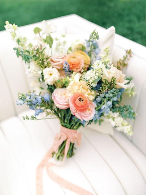 Blue Pink Orange Wedding Bouquet, Early June Wedding Flowers, Summer Wedding Astethic, Blue Colorful Wedding Flowers, Colorful Bouquets Wedding, Colorful Spring Bouquet Wedding, Spring Garden Wedding Bouquet, Whimsical Garden Wedding Ceremony, Wedding Florals With Blue