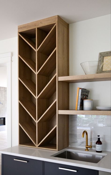 Pantry Design With Wine Rack, Pantry With Built In Wine Rack, Unique Wine Cabinet, Wine Bar Room Ideas, Chevron Wine Storage, Wine Bar Built In Cabinets, Kitchen Bar Coffee Area, Custom Bar Built In, Kitchen Wall Wine Rack Ideas