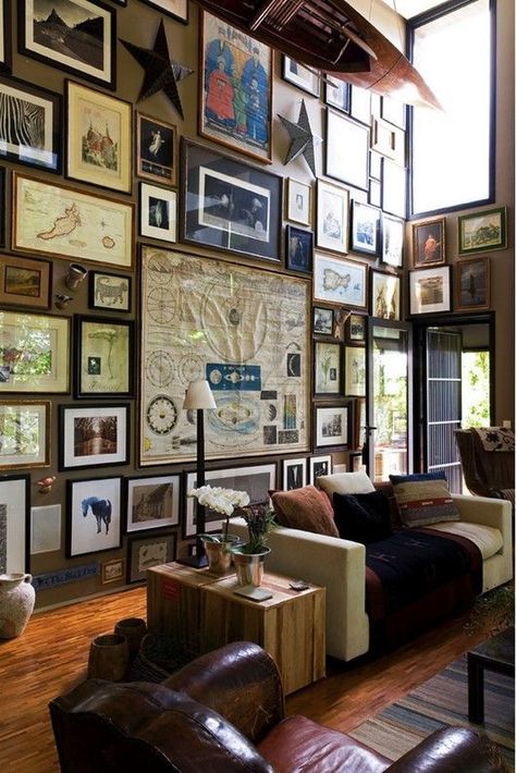 Huge, eclectic gallery wall | An abundance of things to see Stair Well, Framed Pictures, Loft Living, Style Deco, Gallery Walls, Wall Gallery, Inspiration Wall, A Living Room, Art Gallery Wall