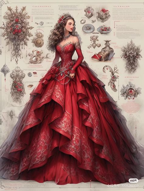 Red And Gold Princess Dress, Red Princess Dress Fairytale, Fire Dress Drawing, Red Fire Dress, Fire Fairy Outfit, Red Fantasy Gown, Red Fantasy Dress, Red And Gold Gown, Red Flowy Dress