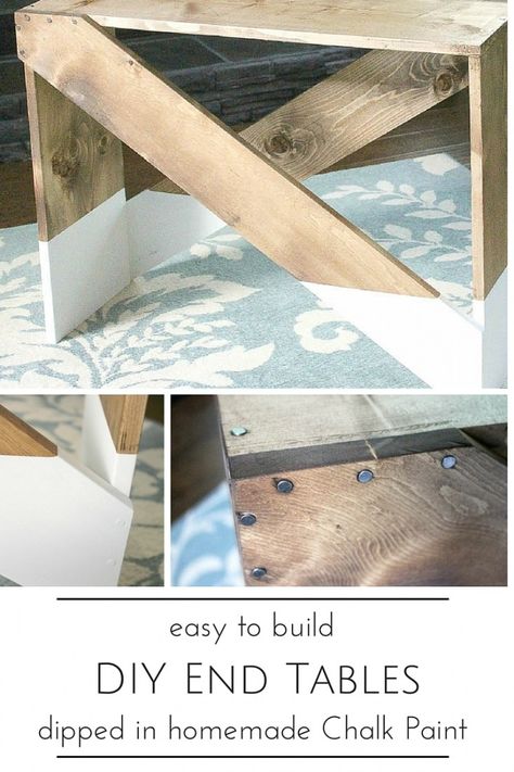 Don't like the paint dipped, but the design is cool. You won't believe how easy it is to build your own custom DIY end tables!  | www.makingitinthemountains.com Wooden Joints, Thrift Store Furniture Makeover Diy, Parenting Printables, Furniture Construction, Homemade Chalk Paint, Paint Dipping, Homemade Chalk, Diy End Tables, Diy Furniture Bedroom