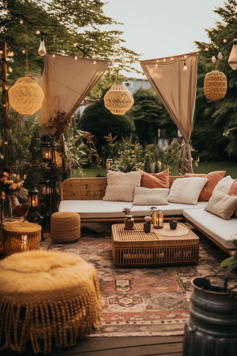 Boho Garden Ideas, Boho Outdoor Space, Planning Garden, Boho Garden Party, Outdoor Fairy Lights, Boho Patio, Bohemian Garden, Gardening Landscaping, Gardening Design