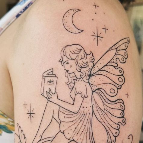 amanda appiarius on Instagram: "Fairy reading a book with strawberries 🍓 
Feeling excited about my return to the studio and hope to be a bit more active on here again! Any engagement is appreciated so we can help remind instagram I’m still here after my maternity break 😂" Fairy Reading A Book Tattoo, Fairy Book Tattoo, Reading A Book Tattoo, Fairy Reading A Book, Feeling Excited, Book Tattoo, I'm Still Here, Fairy Book, Reading A Book