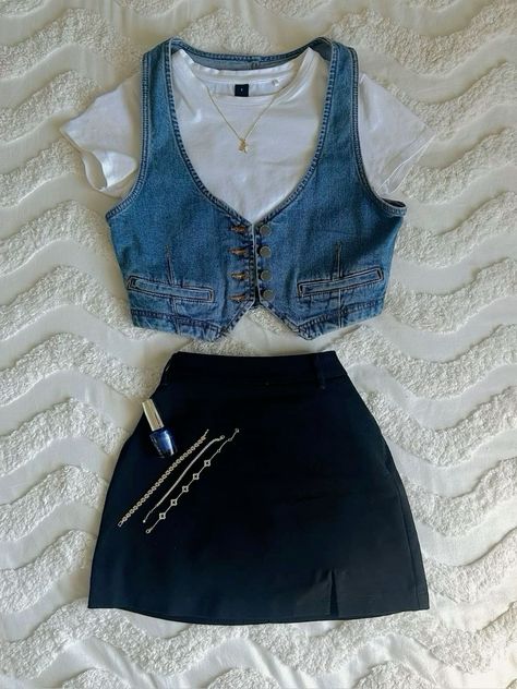 Date Night Outfit Cute Casual, Cute Night Out Outfits Casual, Summer Outfits With Vest, Rachel Green Denim Vest, Fitted Denim Vest Outfit, Summer Restaurant Outfit, Fall Denim Vest Outfits, Still Woozy Concert Outfit, 90’s Outfits Aesthetic