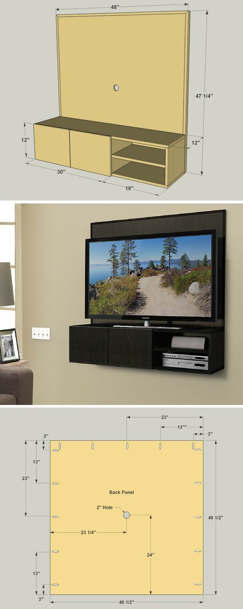 This wall-mounted media cabinet takes a new approach to the traditional “entertainment center.” It hangs on the wall, allowing you to mount your TV to it, and then keep small media components on the shelves below. Wires hide behind the back panel. FREE PLANS at buildsomething.com Wall Mount Entertainment Center, Bike Wall, Play Kitchens, Flat Screen Tv, Media Cabinet, Estantes Flotantes, Wall Mounted Tv, Mounted Tv, Tv Room