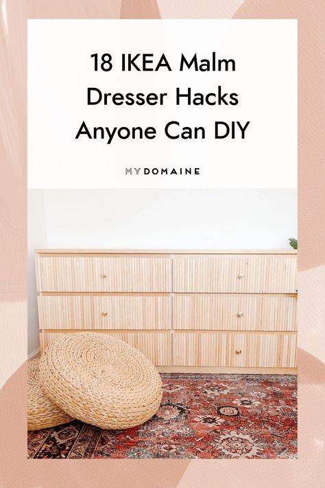 Whether you already have an IKEA Malm dresser that you’re looking to spruce up, or you’re searching for a piece of furniture you can transform, you’ve come to the right place. There are tons of IKEA Malm dresser hacks worth recreating, and they’ll give you all the inspiration you need! #IKEA #IKEAMalmDresser #IKEAHack #MyDomaine Diy Ikea Dresser Makeover Malm, Ikea Trysil Hack, Stacking Ikea Malm Dressers, Ikea Malm Boho, Ikea Malm Transformation, Ikea Malm 6 Drawer Dresser Hack, Malm Dresser Wallpaper, Paint Malm Dresser, Ikea Malm Hack Dresser