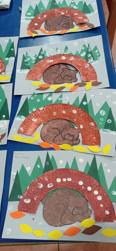 Sleeping Bear Craft Preschool, Animals That Hibernate Crafts, Hibernation Science Experiment, Animals In Winter Art, Hibernating Animals Crafts For Toddlers, Bear Hibernation Craft Preschool, Winter Tree Craft Preschool, Hibernation Art For Toddlers, Preschool Winter Animals Crafts