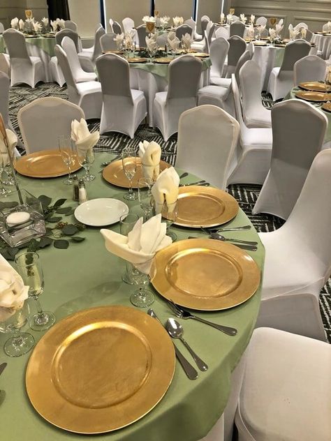 Green Gold White Table Decor, Sage Green Table Overlay, Olive Green Gold And White Table Setting, Sage Green Quince Table, Sage Green Table Decor Quince, Sage Green And Gold Table Decor, Sage Green And Gold Sweet 16, Tiana Themed Quince Center Piece, Sage Green And Gold Table Setting