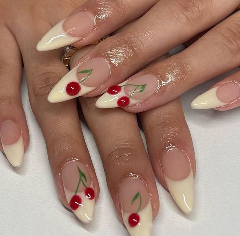 Cherry Inspo Nails, Cherry And Bow Nails, Cherry Nail Art Design, Red Nails With Cherry, Cherry Acrylic Nails, Pink Cherry Nails, Cherry Nail Designs, Nails With Cherry, Lip Gloss Nails