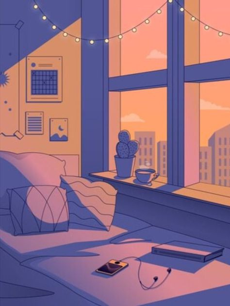 Lo-fi art of bed with laptop and iPhone in front of the window in 
full lofi color range purple to orange and in low contrast Bed By The Window, Variety In Art, Lo-fi Wallpaper, Pastel Aesthetic Room, Lofi Art, Hip Hop Wallpaper, Lo-fi Aesthetic, Window Illustration, Window Drawing