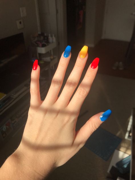 Vivid Color Nails, Two Color Nail Polish Ideas, 3 Color Manicure, Three Colour Nails, Cute Multicolored Nails, Simple But Colorful Nails, All Nails Different Colors, Short Multi Colored Nails, 3 Colored Nails