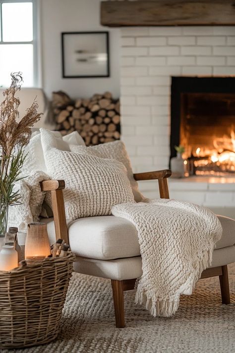 "Create a warm and inviting space with a Hygge-Inspired Living Room! Modern Cozy Family Room, Cozy Natural Living Room, Winter Cosy Home, Light Cozy Living Room, Cozy Sofa Aesthetic, Home Asthetics Photos, Winter Cozy Home, Cozy Living Room Candles, Hygge Fireplace